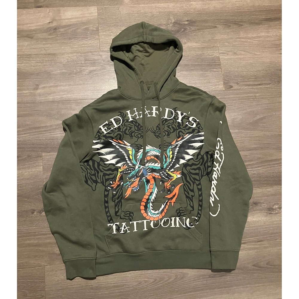 Ed Hardy Hoodie Mens Small Green Tatoo Dragon Double Sided Pullover Sweatshirt